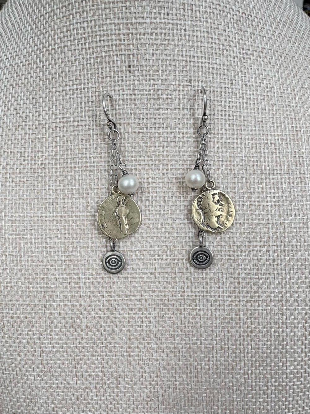 Silpada Sterling Silver Pearl & Brass Coin Dangle Earrings, W1974